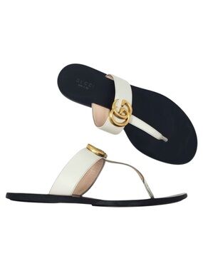 Gucci GG Marmont Thong Flat Sandal Double G In White Gold Leather Size 37 US 7
